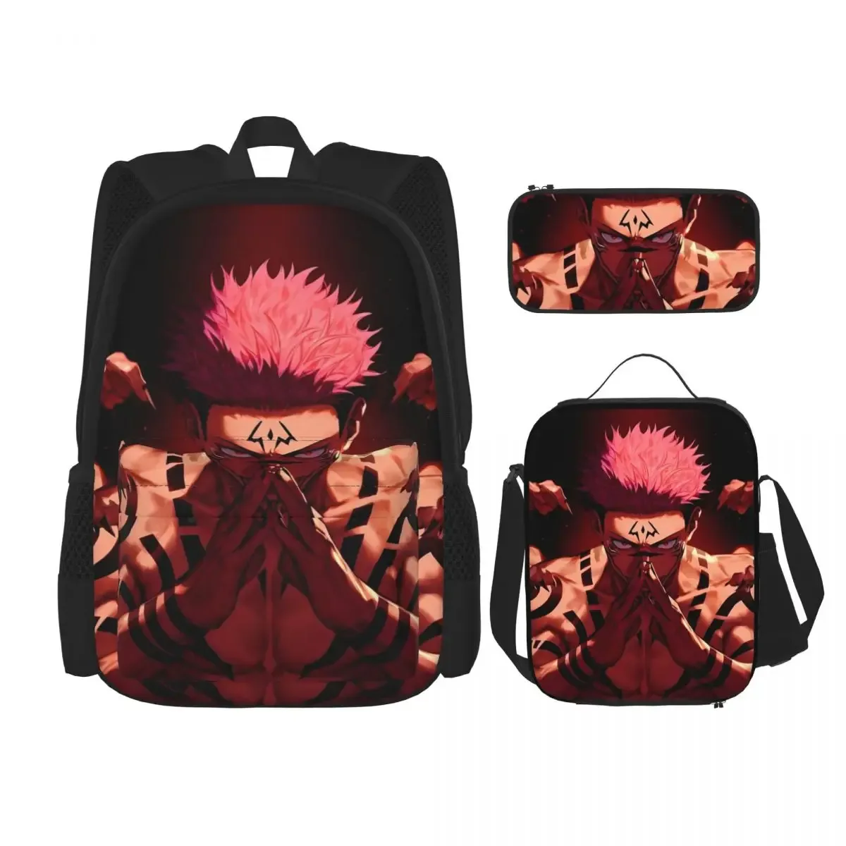 3pecs/ensemble ryomen sukuna sac à dos pour étudiant retour à l'école jujutsus kaisens anime lycée sac en toile sac à déjeuner trousse à crayons