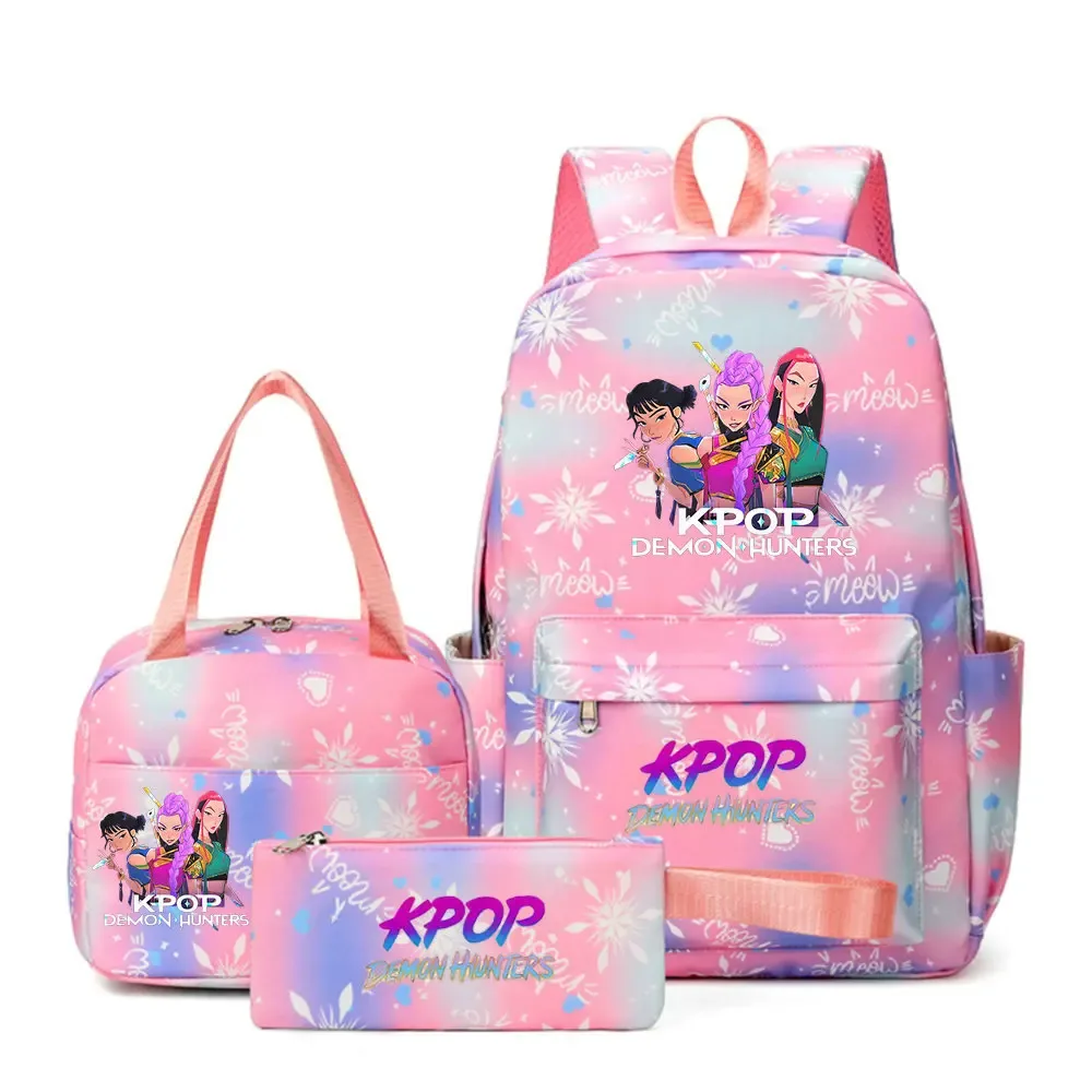 sacs d'école imprimés kpop demon hunters pour femmes et filles, 3 pièces/ensembles, avec sacs à lunch, cartable coloré pour étudiants garçons et filles