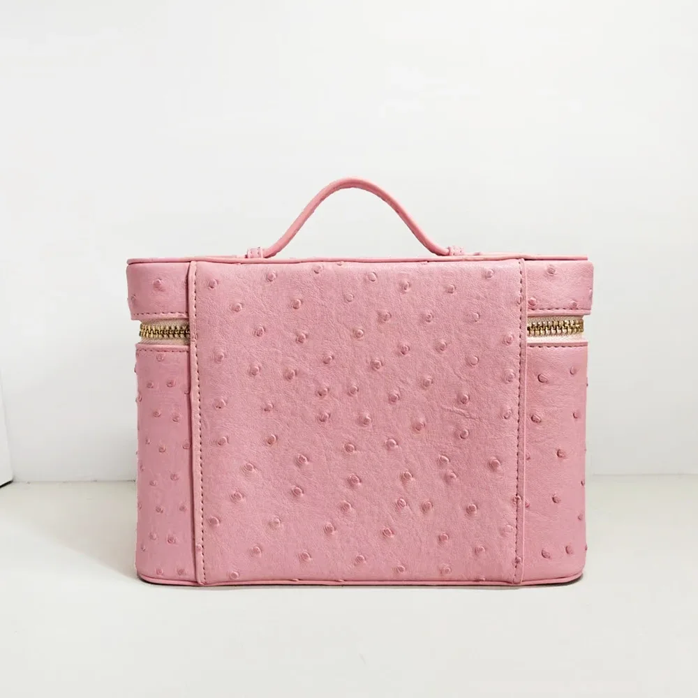 trousse de maquillage de luxe en simili plumes d'autruche pour femme, sac de voyage personnalisable grande capacité avec poignée, organisateur cosmétique
