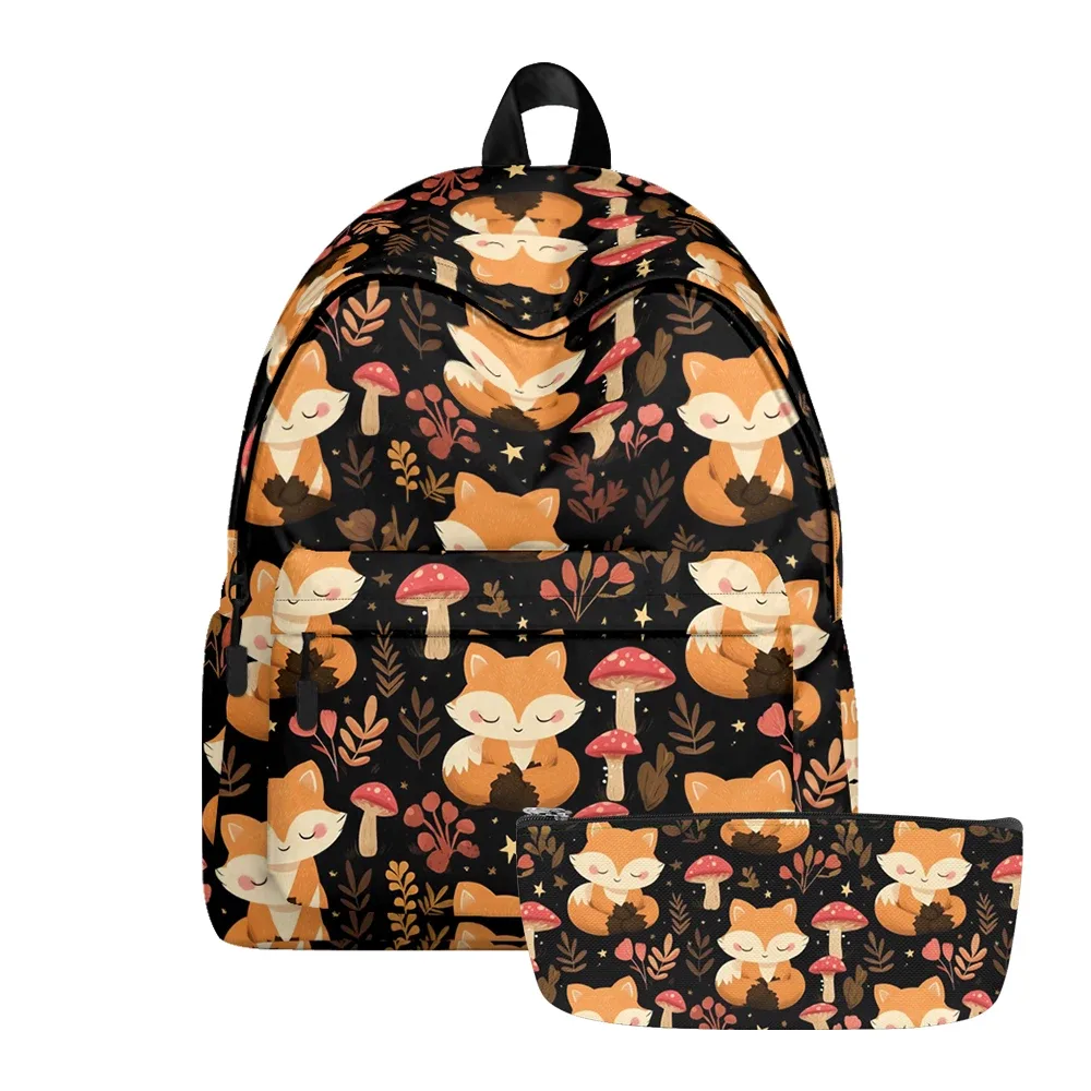sac à dos imprimé de chats de dessin animé renard mignon, sacs à crayons à bretelles réglables, sac d'école léger et durable, sac à dos de voyage, ensembles pour adolescents