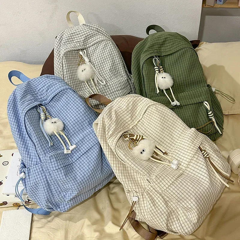 sac à dos pour femme style campus, motif écossais simple, grande capacité, décontracté, pour voyage, sac à double bandoulière en nylon, style frais et doux