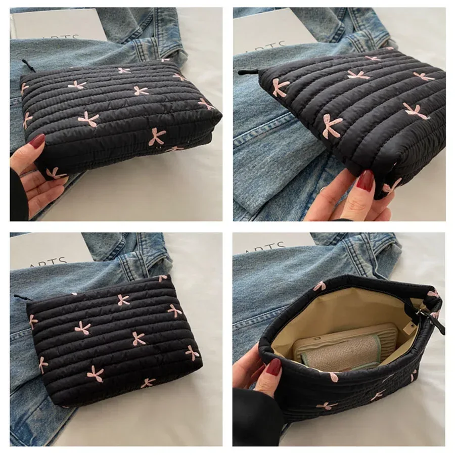 sac fourre-tout brodé avec nœud pour femme, trousse de maquillage portable, pochette de rangement mignonne pour cosmétiques et articles de toilette, sac à main matelassé en coton avec fermeture éclair