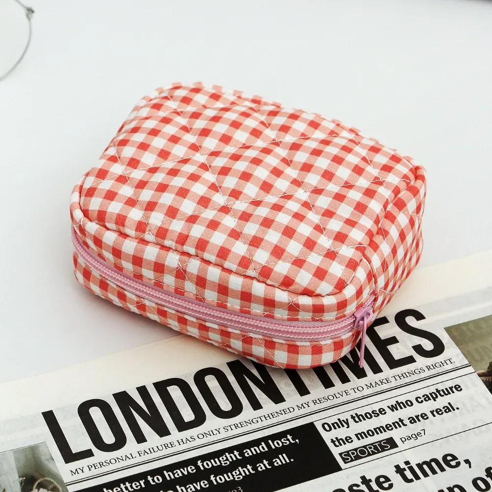trousse de maquillage portable, design matelassé, motif à carreaux, sac de rangement pour pinceaux de maquillage, multifonctionnel avec fermeture éclair, trousse de toilette de voyage