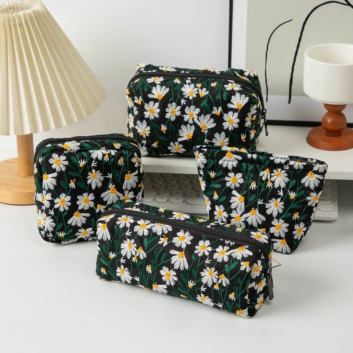 sac à cosmétiques brodé de fleurs, organisateur de maquillage en toile à fermeture éclair, pochette de rangement de voyage, trousse de beauté pour femmes