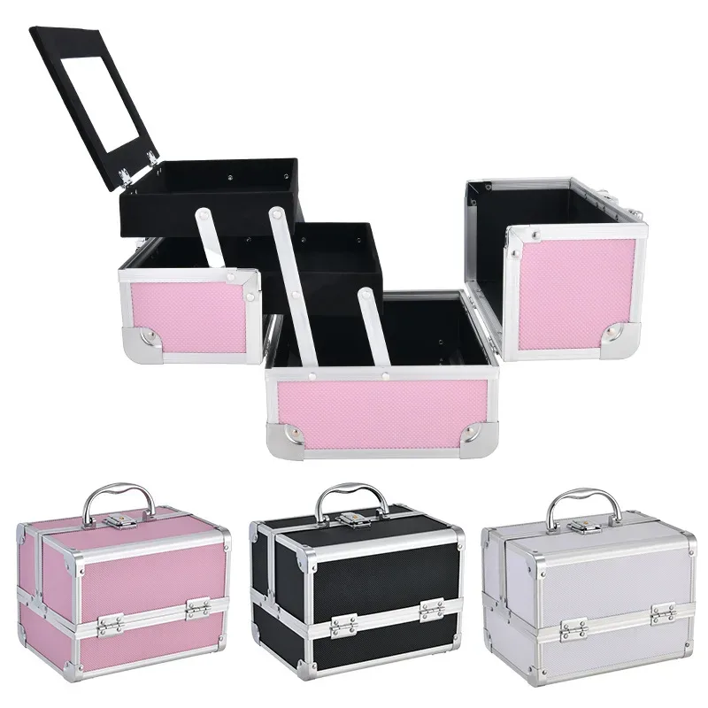 valise de maquillage à 3 plateaux, boîte de rangement cosmétique verrouillable avec miroir, boîte de rangement portable pour le maquillage en voyage