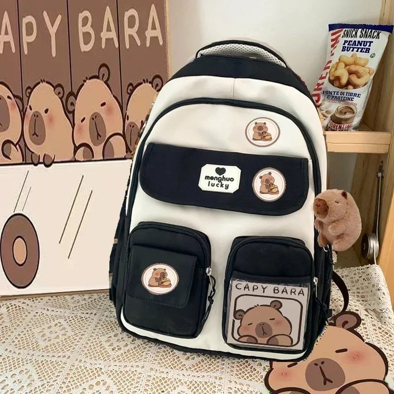 dessin animé capybara école sac à dos étudiant pochette d'ordinateur tissu imperméable sangle réglable sac de voyage décontracté avec plusieurs poches
