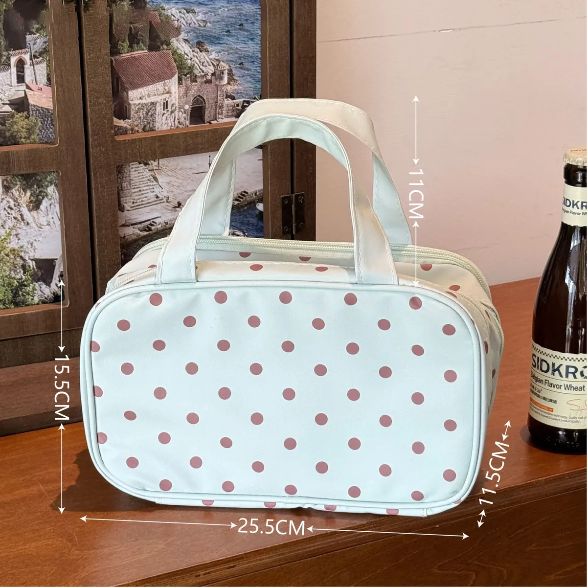 trousse de maquillage vert menthe à pois, grande capacité, compartiment à trois couches, sac de rangement étanche