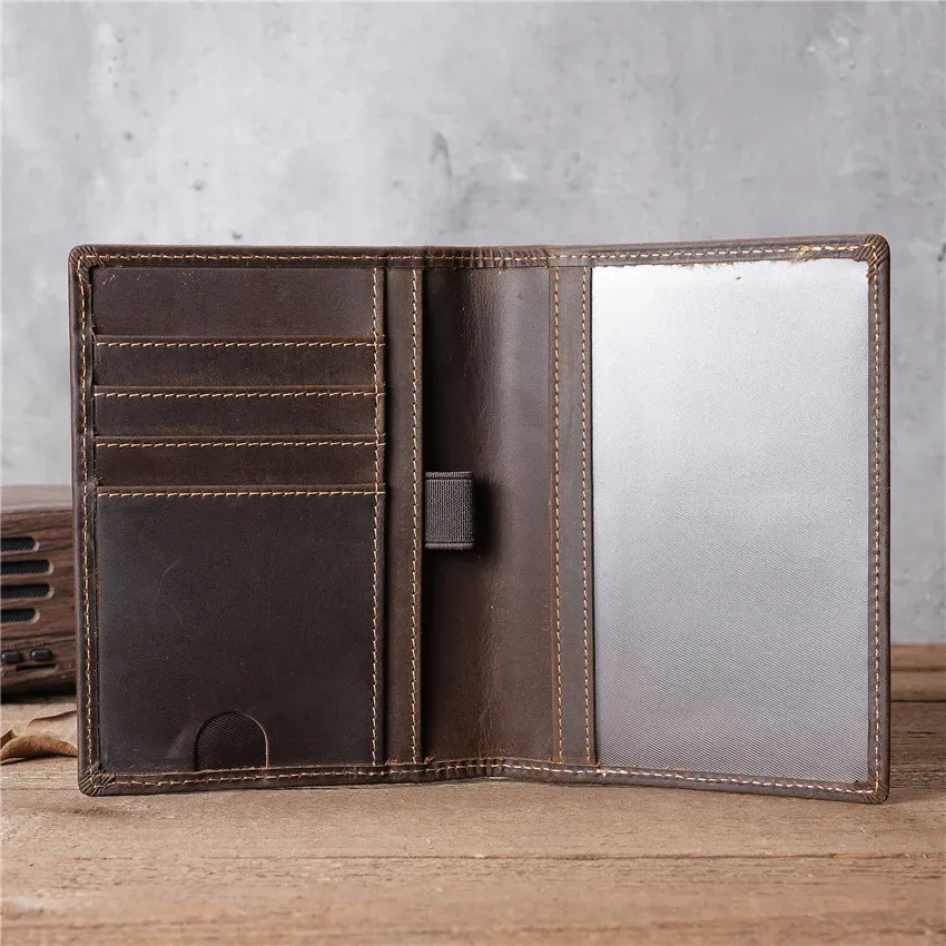 sac de passeport unisexe rétro en cuir véritable 1122, portefeuille multifonctionnel multi-cartes en cuir crazy horse
