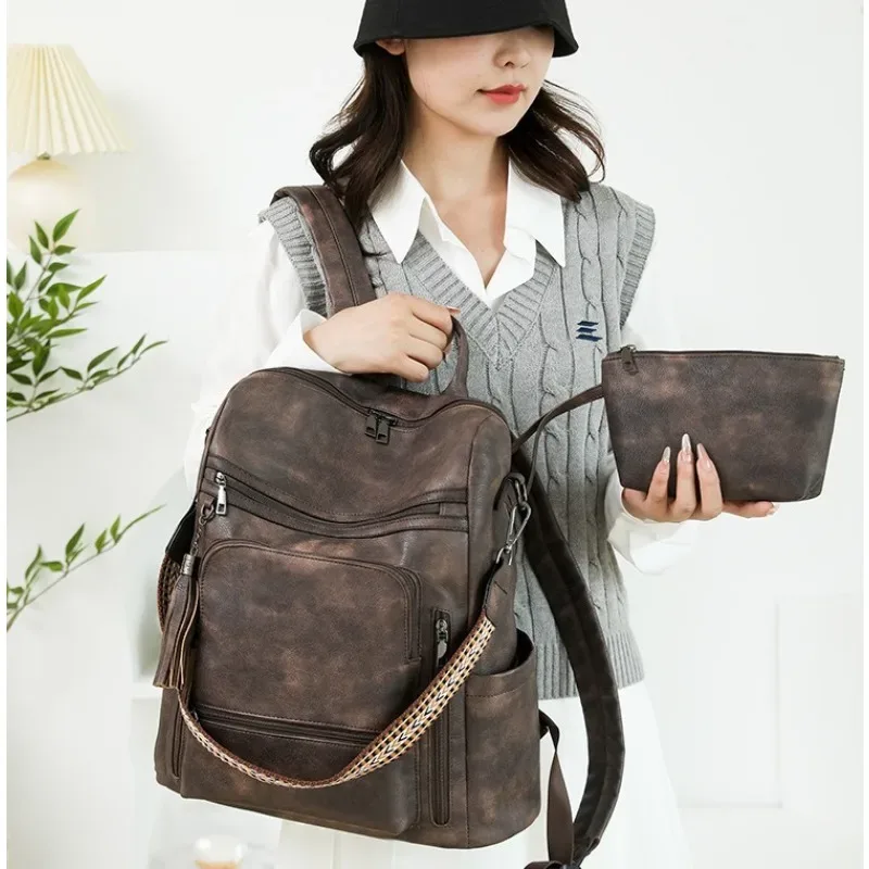 sac à dos/bandoulière portefeuille en cuir pu imperméable et antivol pour femme, grande capacité, style rétro, idéal pour les voyages, le travail et les études.