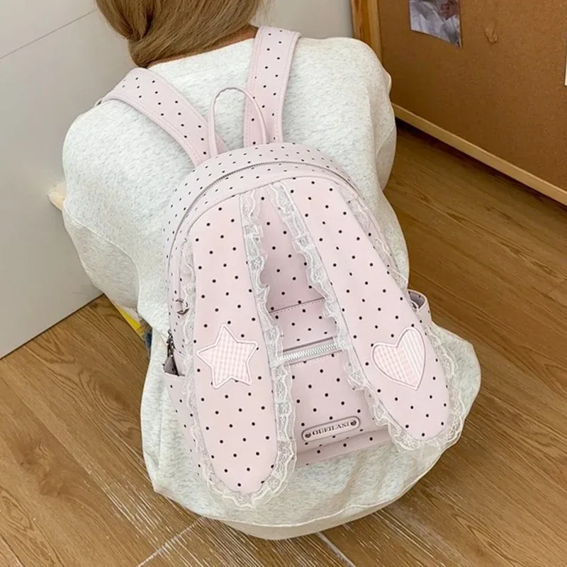 sac à dos créatif mignon avec oreilles de lapin, décor en dentelle à pois, style japonais lolita, sac à dos pr