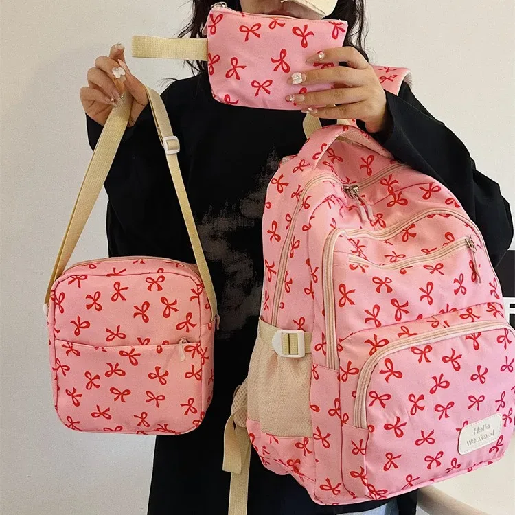 ensemble de 3 sacs à dos mignons avec nœuds, grand sac à dos scolaire, sac à dos de voyage décontracté polyvalent, sac bandoulière pour filles
