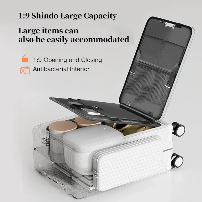 valise multifonctionnelle à ouverture frontale à trois ouvertures, nouveau style, matériau pc de 20 pouces avec poches doubles latérales, tra de grande capacité