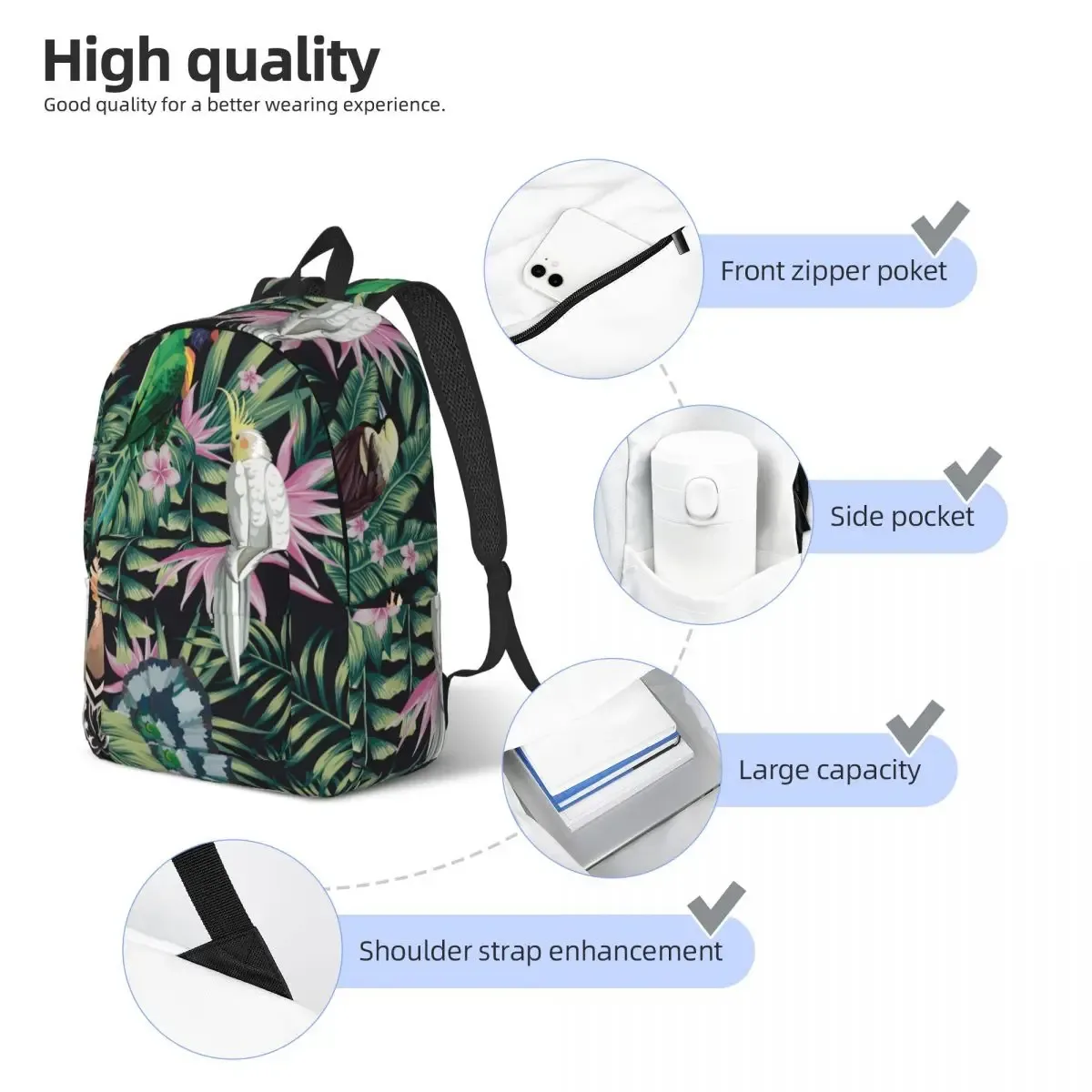 sac à dos léger pour étudiant, perroquet tropical, cerceau, plantes, fleurs, parent-enfant, couple, ordinateur portable