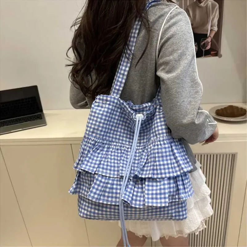sac fourre-tout pour femme, à volants, à carreaux, avec cordon de serrage, sac à main en toile tendance, grande capacité, sacs coréens, bolsos de mujer
