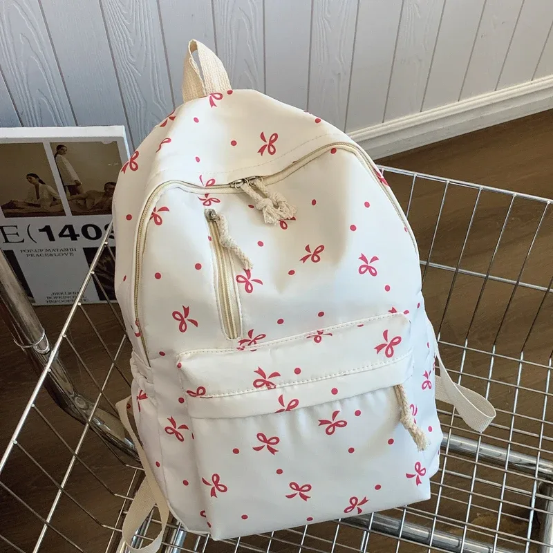 sac à dos matelassé à imprimé nœud ludique pour la rentrée scolaire, à usage quotidien, avec plusieurs poches, bretelles réglables, grande capacité