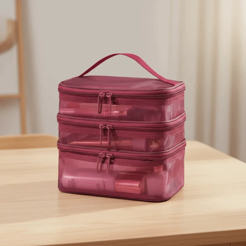 sac de voyage portable en maille transparente à 2/3 couches, grande capacité, trousse de toilette, trousse de maquillage à 2/3 couches, organisation des articles de toilette