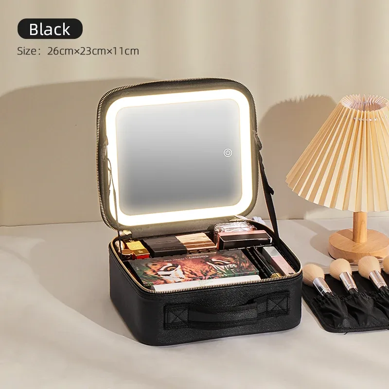 trousse de voyage pour maquillage avec miroir éclairé par led, 3 réglages réglables de couleur, trousse de maquillage de voyage avec séparateurs réglables,