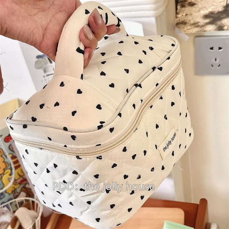sac à main de maquillage en coton matelassé pour femmes, trousse de toilette portable, forme de boîte, fermeture éclair, évaluation cosmétique, femme, fille, mignon