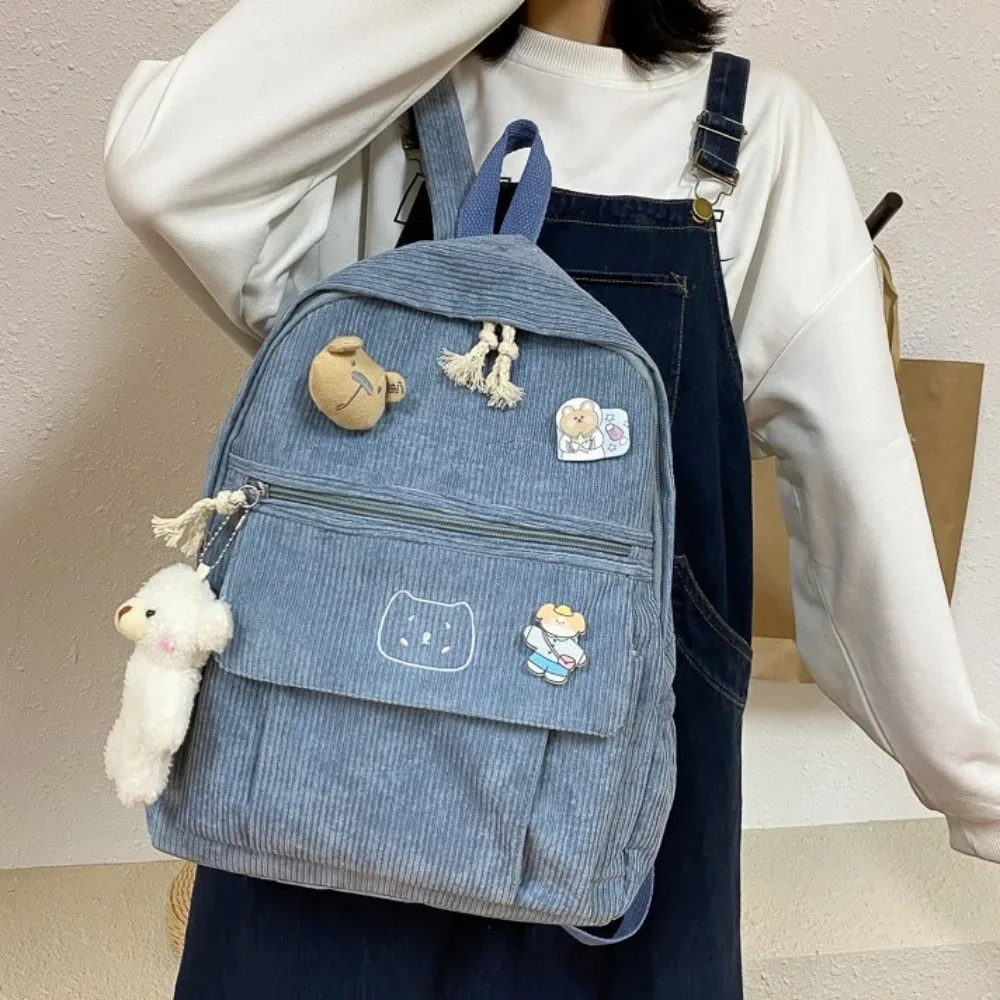 Mignon grande capacité femmes sac à dos couleur Pure fermeture éclair école sac à dos velours côtelé sac à dos étudiants