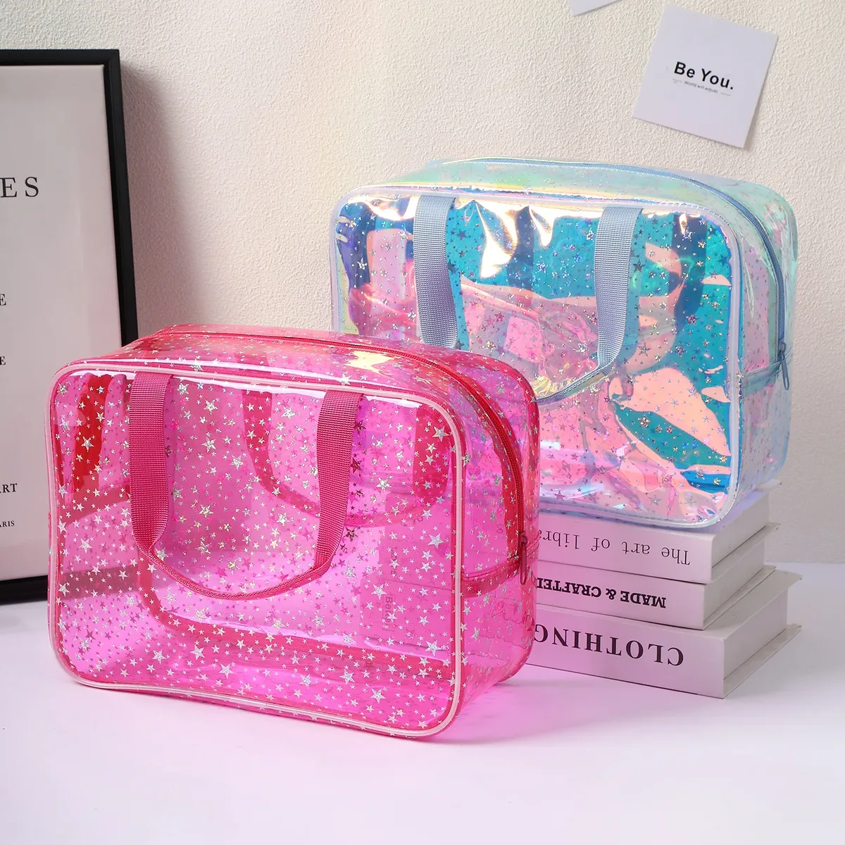 sac fourre-tout de voyage élégant en forme de cube de grande capacité, sac de maquillage imperméable à motif étoile, sac de rangement, trousse de toilette