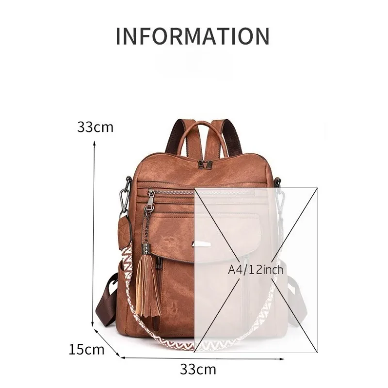 sac à dos en cuir pu pour femmes, étanche, antivol, grande capacité, détail pompon, rétro, voyage, affaires, collège, sac à bandoulière, 2025