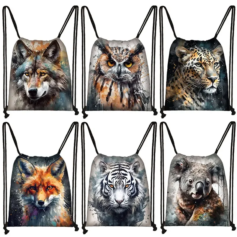 sac à dos imprimé animal théâtre l loup éléphant cheval, sacs à cordon de proximité pour femmes, sac de rangement mode pour adolescentes, sacs à livres kawaii pour filles, cadeau