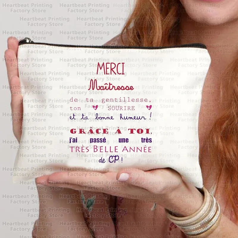 sac à cosmétiques de voyage imprimé français merci maîtresse, sac à rouge à lèvres, trousse à crayons, pochette pour femmes, cadeau de rentrée scolaire