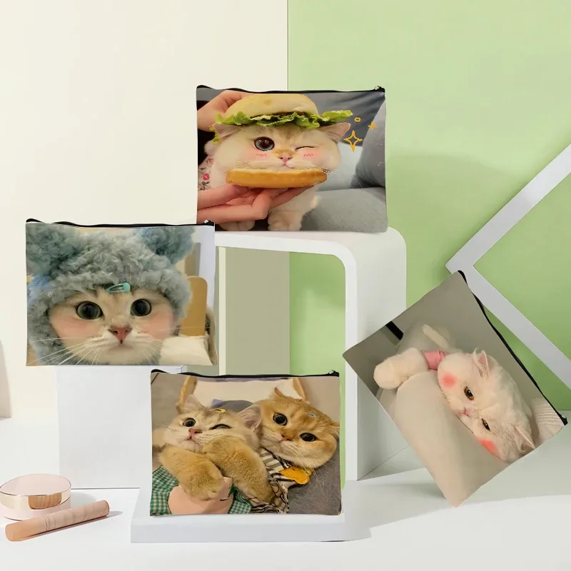 Trousse de Maquillage en Toile Motif Chat, Pochette Cosmétique Amusante et Mignonne pour Amoureux des Chats avec Fermeture Éclair, Organisateur de Toilette Portable de Voyage pour Femmes et Filles