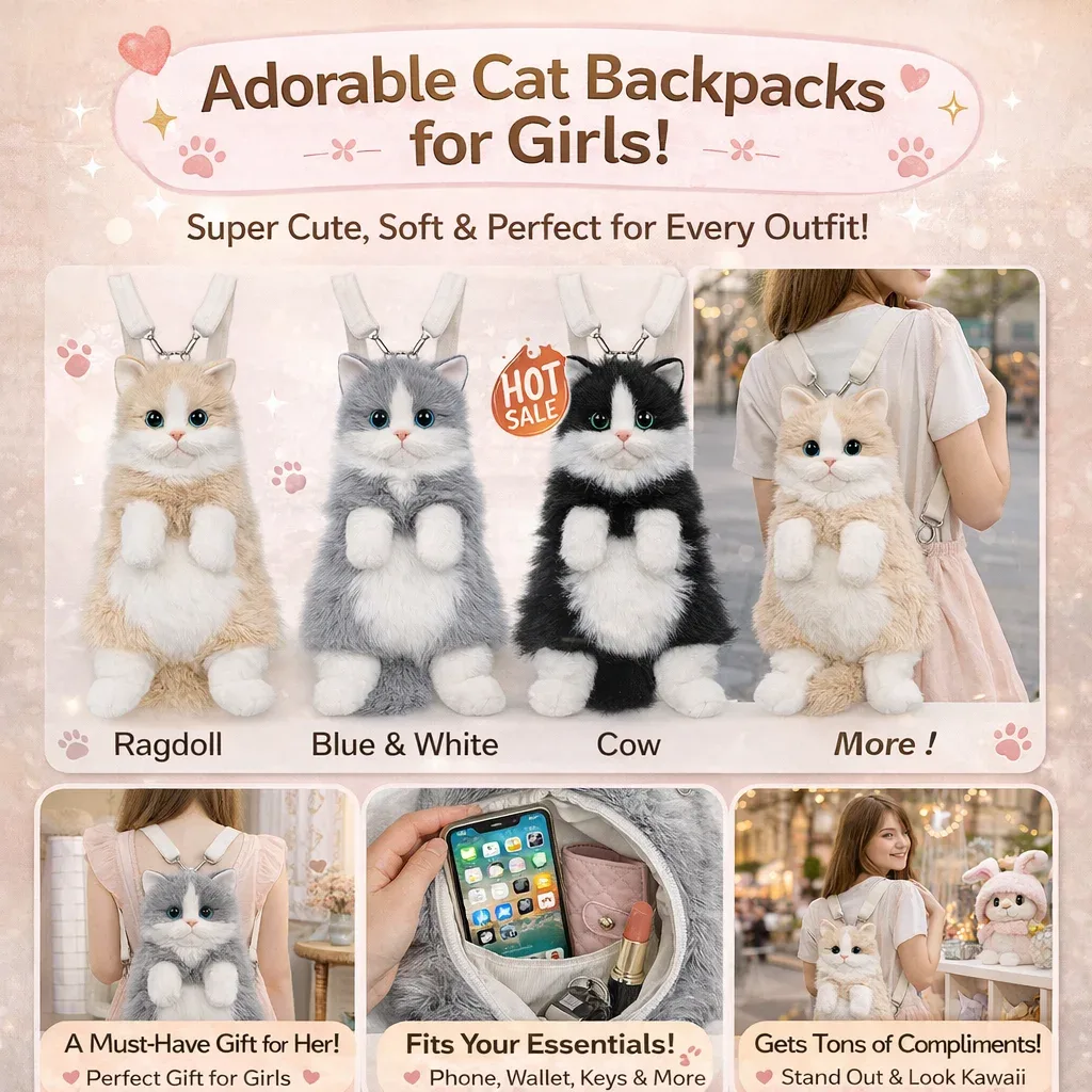 sac à dos chat mignon pour filles, sac en peluche kawaii, sac bandoulière doux en forme d'animal pour l'école, les voyages et les tenues quotidiennes