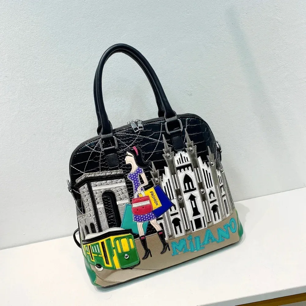 sac à dos en cuir avec broderie patchwork pour femme, cartable preppy, sac d'étudiant, sac de voyage, fourre-tout, style braccialini, dessin animé milan