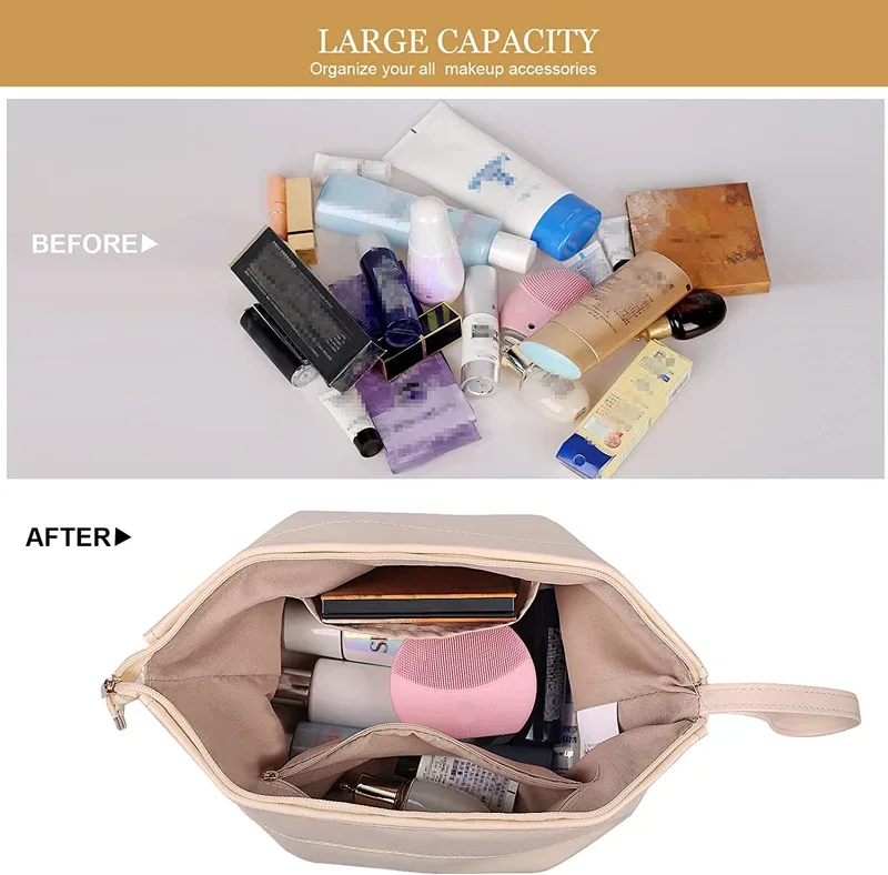 trousse de maquillage en cuir imperméable pour femmes et filles, grande trousse à cosmétiques double couche, trousse de toilette portable, trousse de rangement de maquillage, trousse de voyage