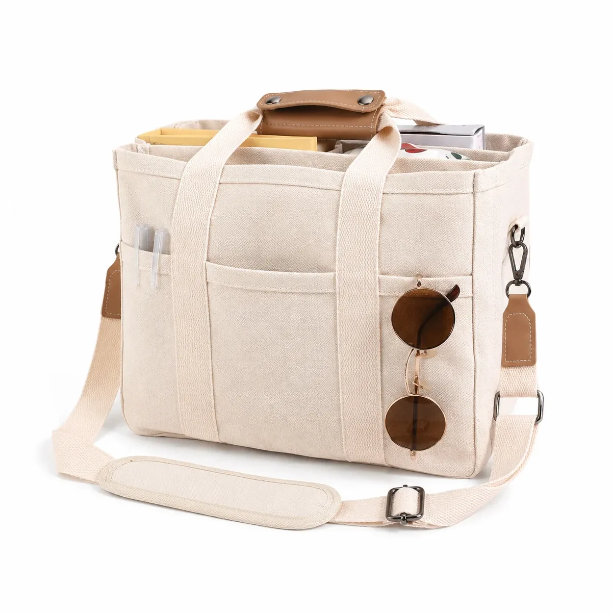 sac fourre-tout en toile de grande capacité avec plusieurs poches, bandoulière amovible pour le travail, l'école et les voyages