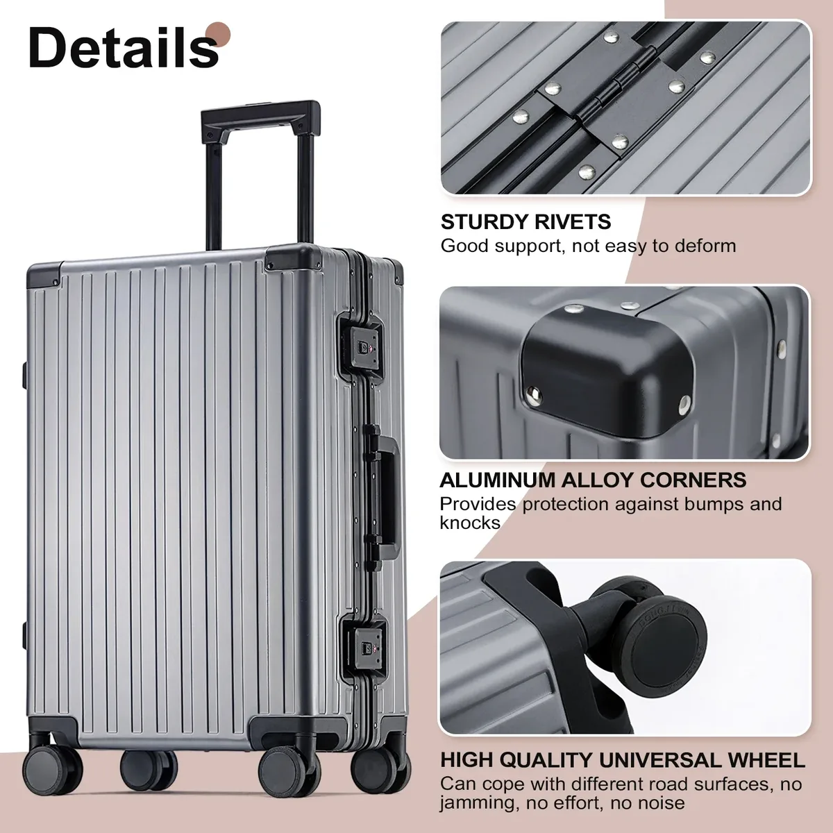 Valise trolley 100% aluminium, bagage de voyage de luxe, roues universelles, serrure TSA, pour hommes et femmes, bagage léger, bagage cabine.