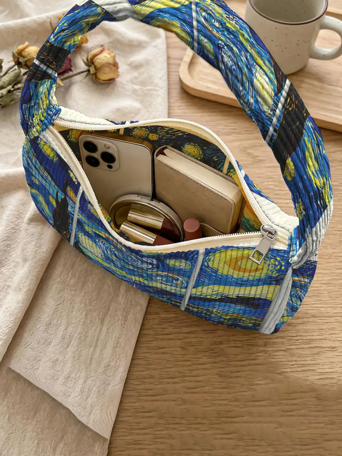 sac à bandoulière tendance avec imprimé the starry night, sac sous le bras en velours côtelé pour un usage quotidien décontracté