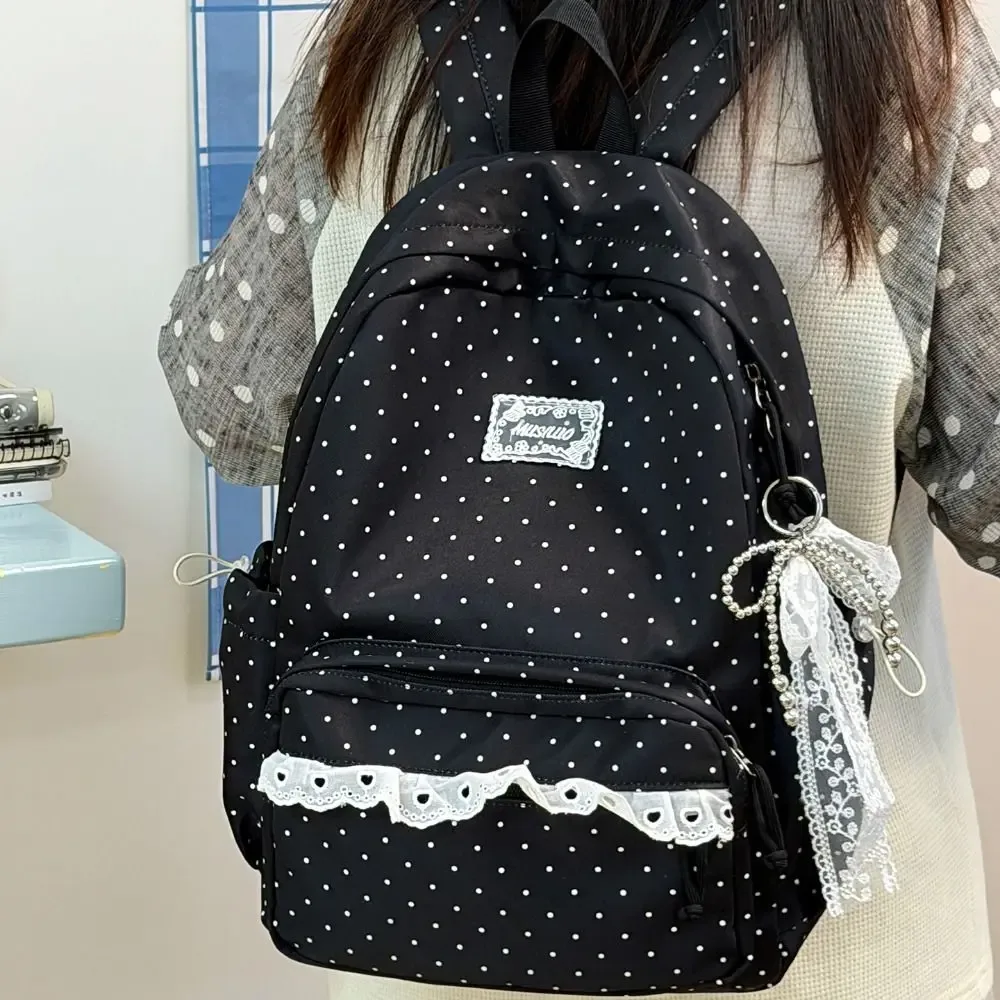 sac à dos y2k à pois, style minimaliste, grande capacité, avec bordure en dentelle, design à nœud, durable, idéal pour les étudiants, l'école et les voyages.