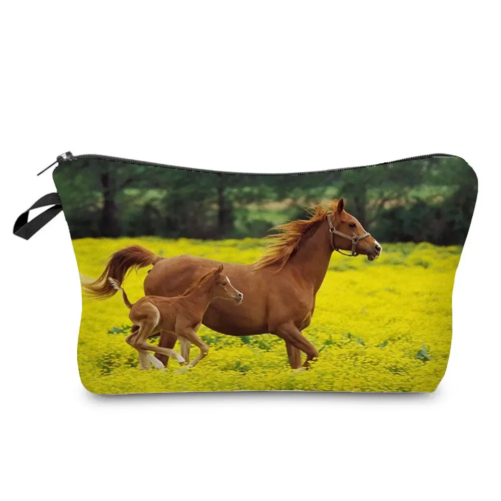 sacs de maquillage imprimés cheval pour femmes, sac à cosmétiques décontracté pour filles, mini trousse de toilette écologique réutilisable de voyage, trousse à crayons pour étudiants