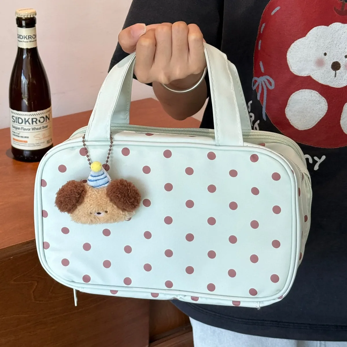 trousse de maquillage vert menthe à pois, grande capacité, compartiment à trois couches, sac de rangement étan