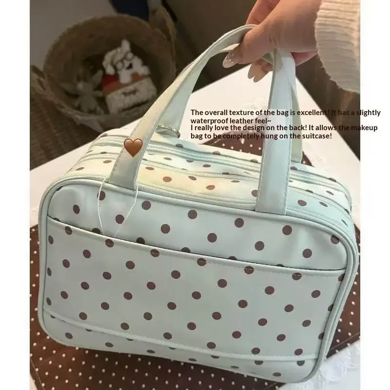 sac de maquillage portable à pois, multifonctionnel, à trois compartiments, sac cosmétique en pu, grande capacité, sac de rangement de voyage imperméable