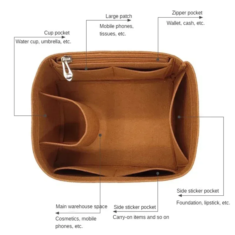 organisateur insérer sac de rangement intérieur feutre sac à main shaper stockage cosmétique insérer sac à main avec fermeture éclair adapté pour h picotin 18 22