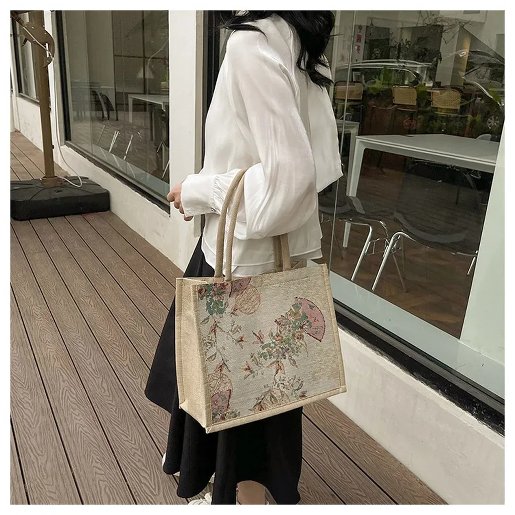 sac fourre-tout en lin élégant pour les trajets quotidiens, sac à main de grande capacité, sac fourre-tout chinois léger pour les rendez-vous, l'école et les trajets quotidiens
