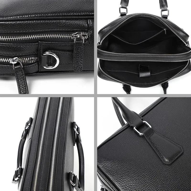 porte-documents à double fermeture éclair pour hommes, sac à bandoulière en cuir véritable, sacs pour ordinateur portable de 14 pouces, sac à main de grande capacité, mallette d'affaires pour hommes