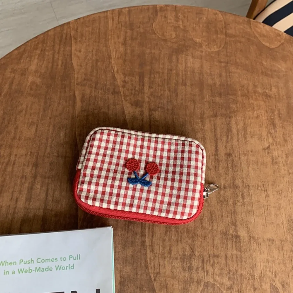 pochette de maquillage simple en coton à carreaux, sac de rangement multifonctionnel en tissu pour articles de toilette, porte-cartes, grande capacité, pochette cosmétique cerise unisexe