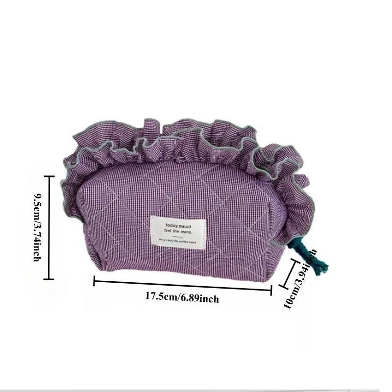 trousse de maquillage vintage à carreaux pour femme avec bords à volants - organisateur de grande capacité, fermeture élégante avec nœud en ruban pour le quotidien