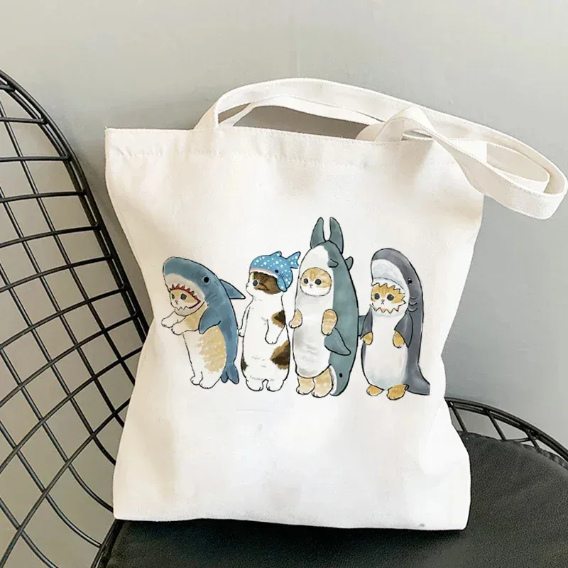 femme sacs à provisions kawaii dessin animé chats amusant sac fourre-tout shopper organisateur décontracté déjeuner sacs à main grande capacité toile sacs à bandoulière