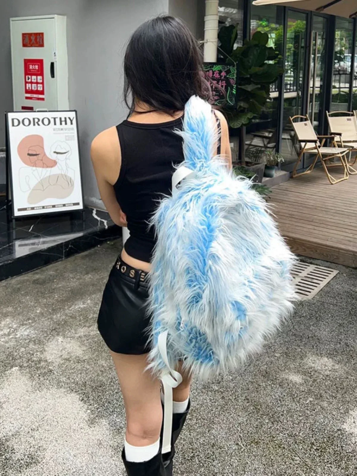 2025 fashion ice blue pink faux fur backpack men women kawaii cute fluffy school bag outdoor tarvel laptop bag