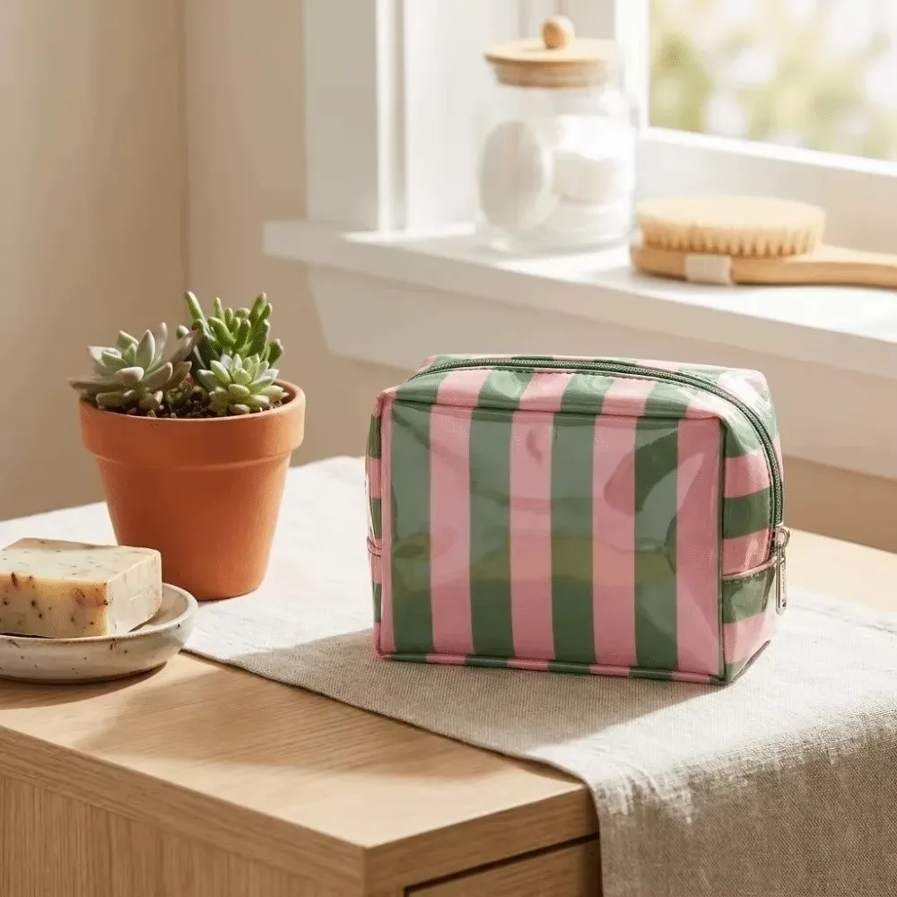 nouvelle trousse de maquillage de petite taille en pvc, design rayé, trousse de toilette légère, imperméable, pochette cosmétique pour les voyages