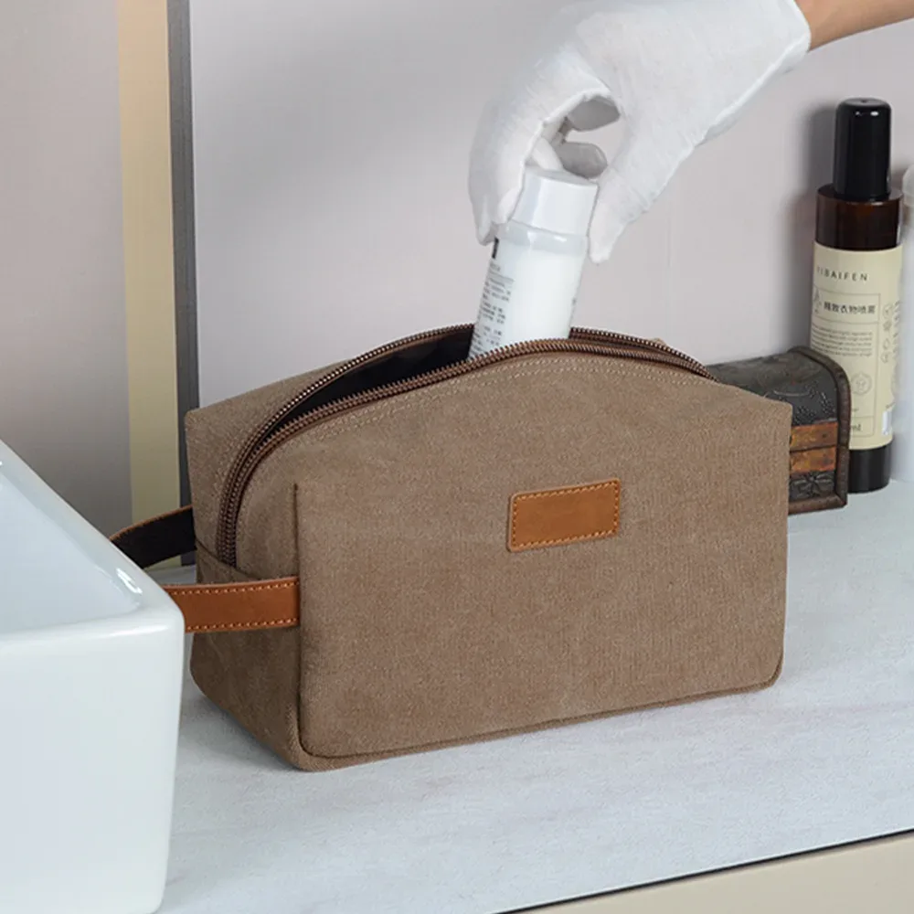 trousse de toilette, patchwork de toile imperméable à main de voyage, rangement en cuir de cheval fou, trousse de maquillage à la mode et rétro