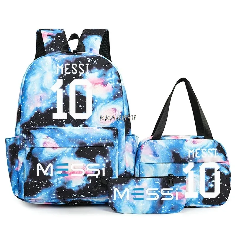 sacs à dos de voyage et d'extérieur imprimés football messi pour femmes et filles, avec sacs à lunch, légers, pour adolescents, pour ordinateur portable, mochila