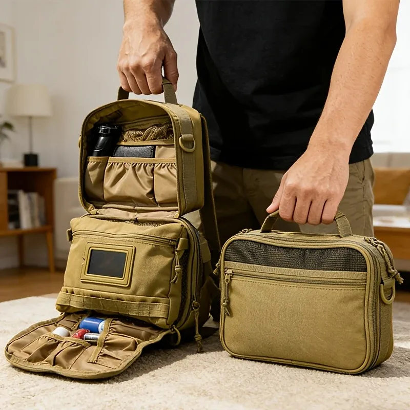 trousse de toilette portable pour homme en tissu oxford kaki, organisateur de voyage multi-poches suspendu pour la pêche en plein air et les courts séjours