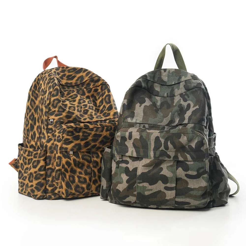 sac à dos en toile pour femmes, hommes et couples, unisexe, décontracté, imprimé léopard et camouflage, sac de voyage, sac à dos d'école, sac à bandoulière rétro